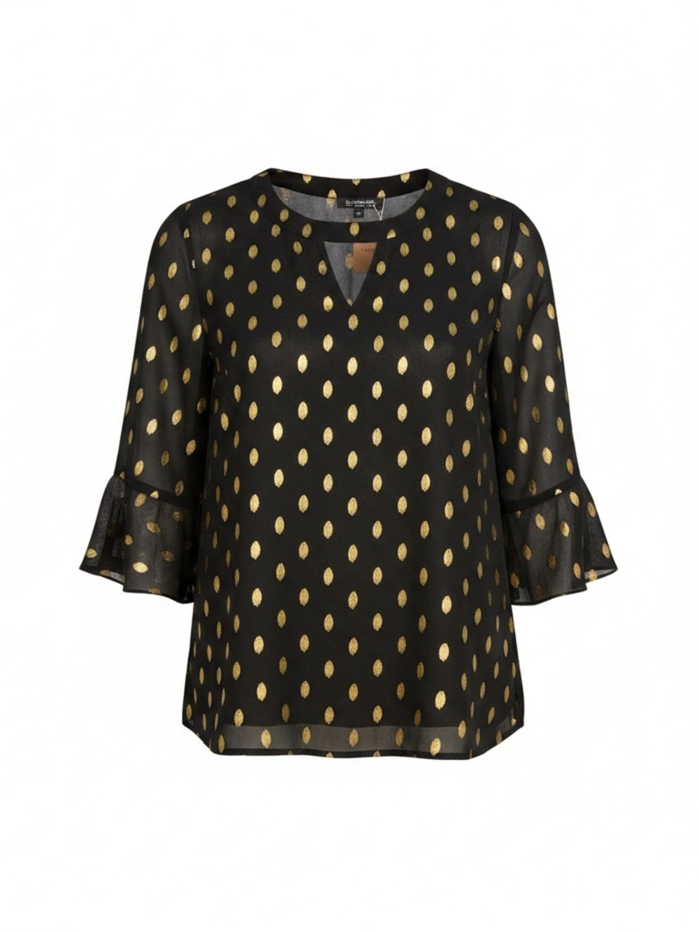 BloomChic lined sheer Black Blouse with Gold Dot Motif size 10
